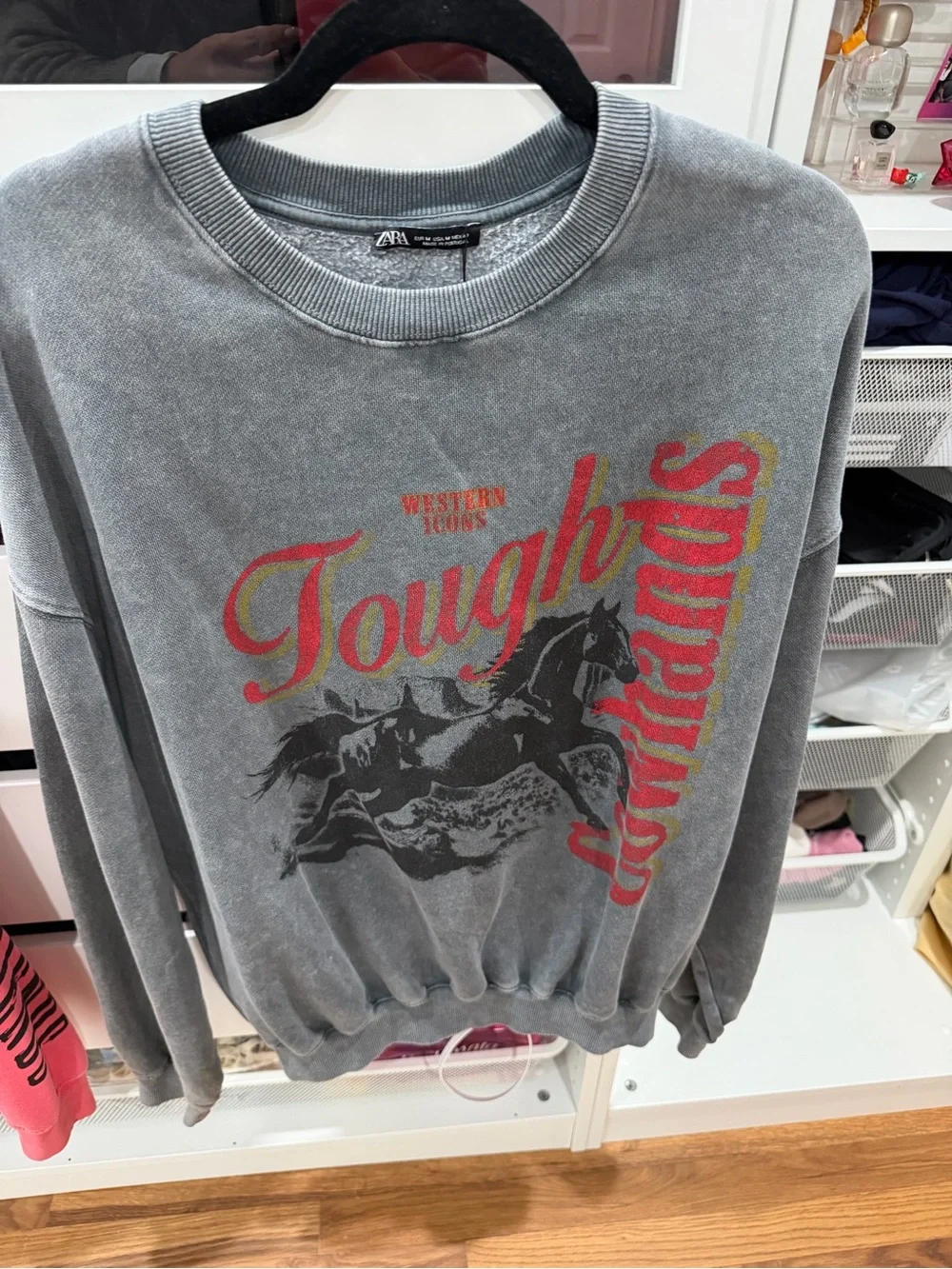 Zara Gray Crewneck Sweatshirt with Red & Yellow 'Toughs' Graphic